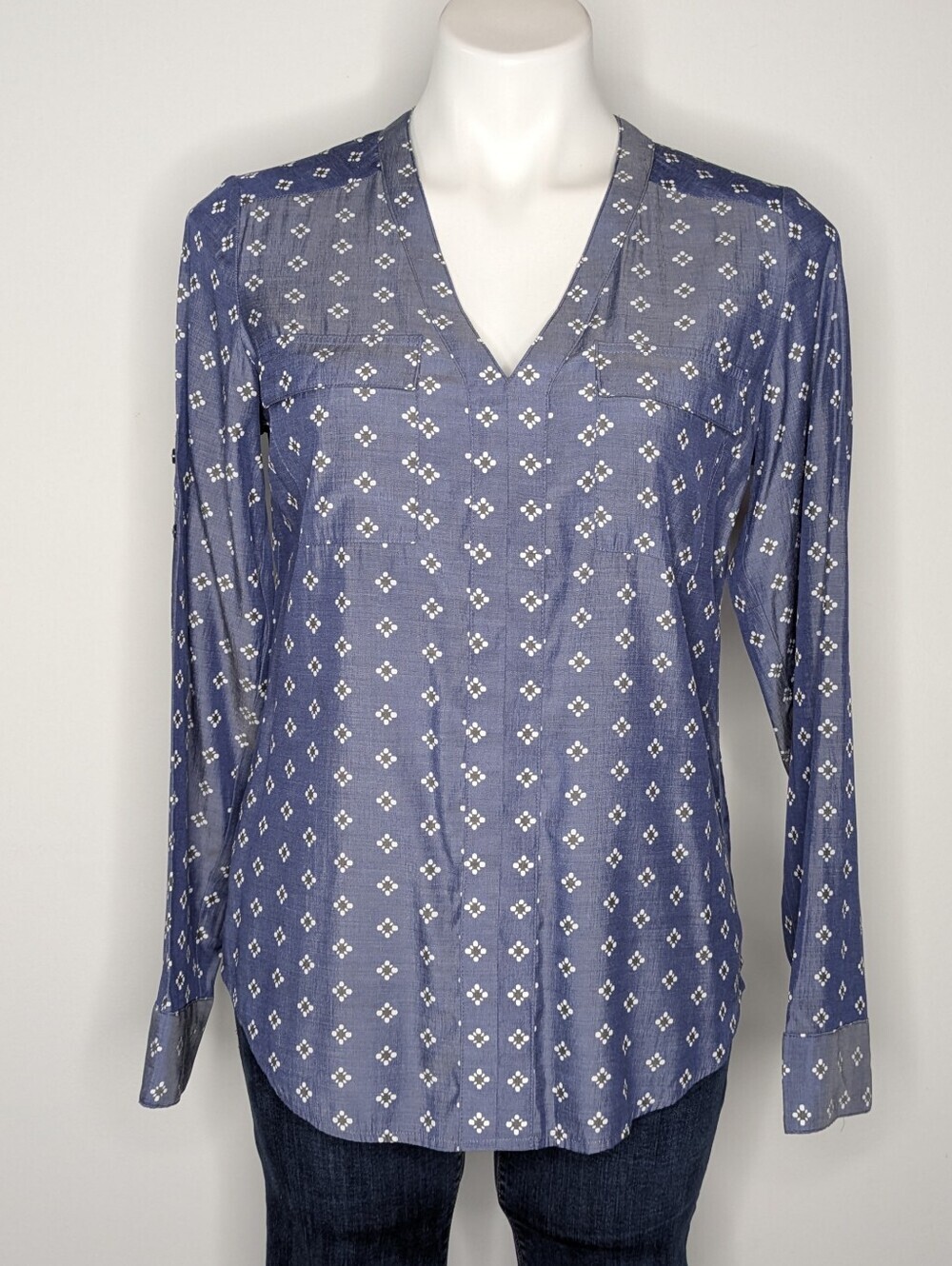 Express Blue White V Neck Long Sleeve Blouse S